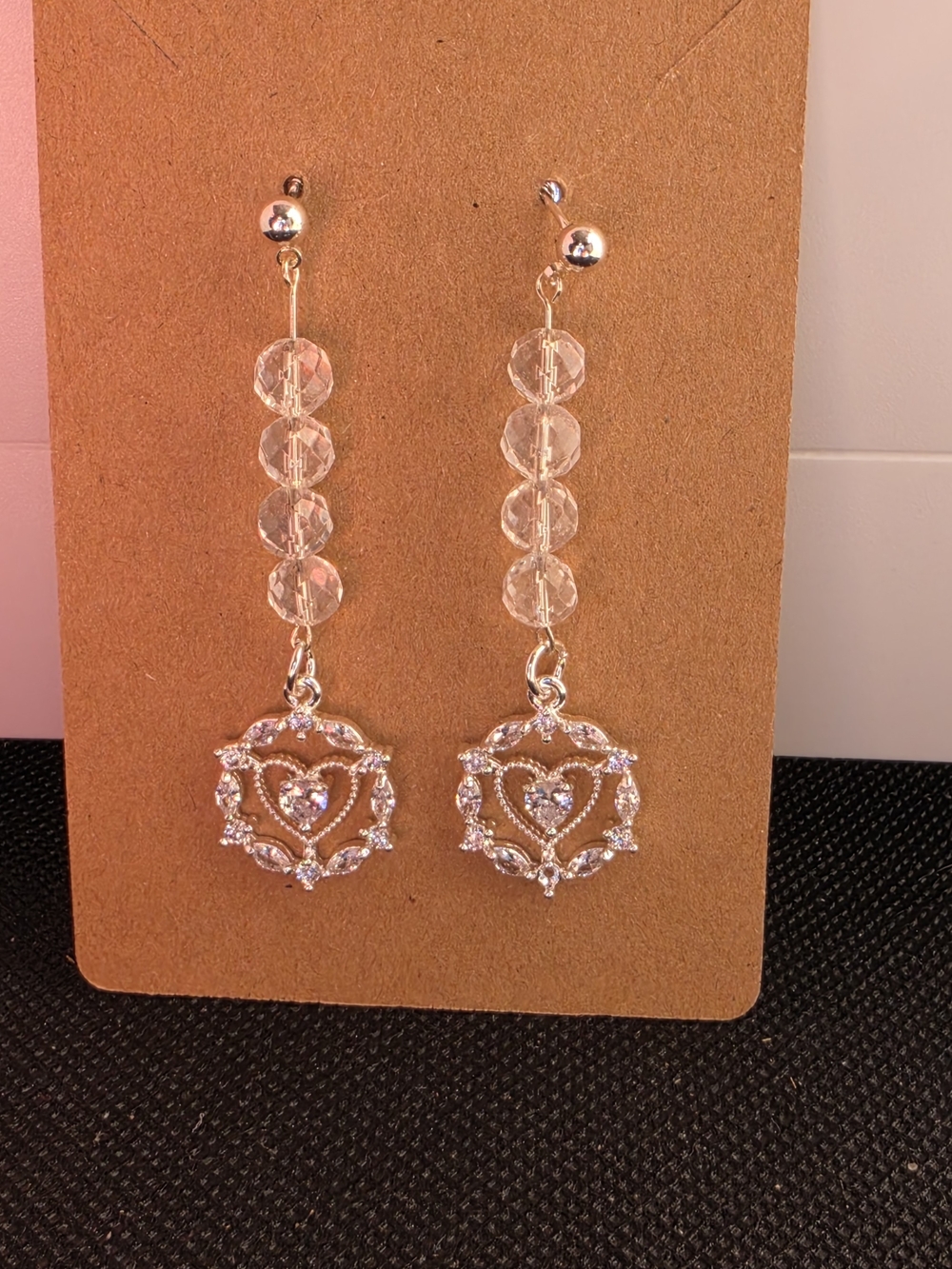 Clear Quartz Bead Heart Drop Earrings - Silver